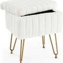Sweetcrispy Vanity Stool Chair with Storage, Ottoman Faux Fur Soft Padded Makeup Footstools Seat with 4 Metal Legs Anti-Slip Adjustable Feet Modern Cute Small Footrest for Home Entryway Bedroom White, 12.2"D x 16"W x 18.9"H