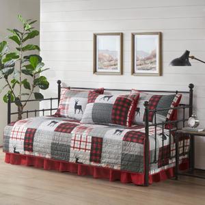 Woolrich Daybed Cover Set - Cabin Lifestyle, Patchwork with Moose Design All Season, Lightweight and Breathable Cozy Bedding Layer with Bedskirt, Matching Shams, 39" W x 75" L, Woodshed Red 5 Piece, 75"x39"