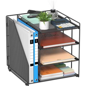 Desk Organizer, 4-Tier Metal Paper Organizer for Desk with Vertical File Holder, Office Accessories and Desktop Storage for Office Supplies (Black)