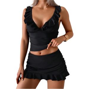 SOLY HUX Women's Tankini Swimsuits V Neck Ruffle Swim Top and Skirt Summer Beach Two Piece Bathing Suit (Large, Plain Black)