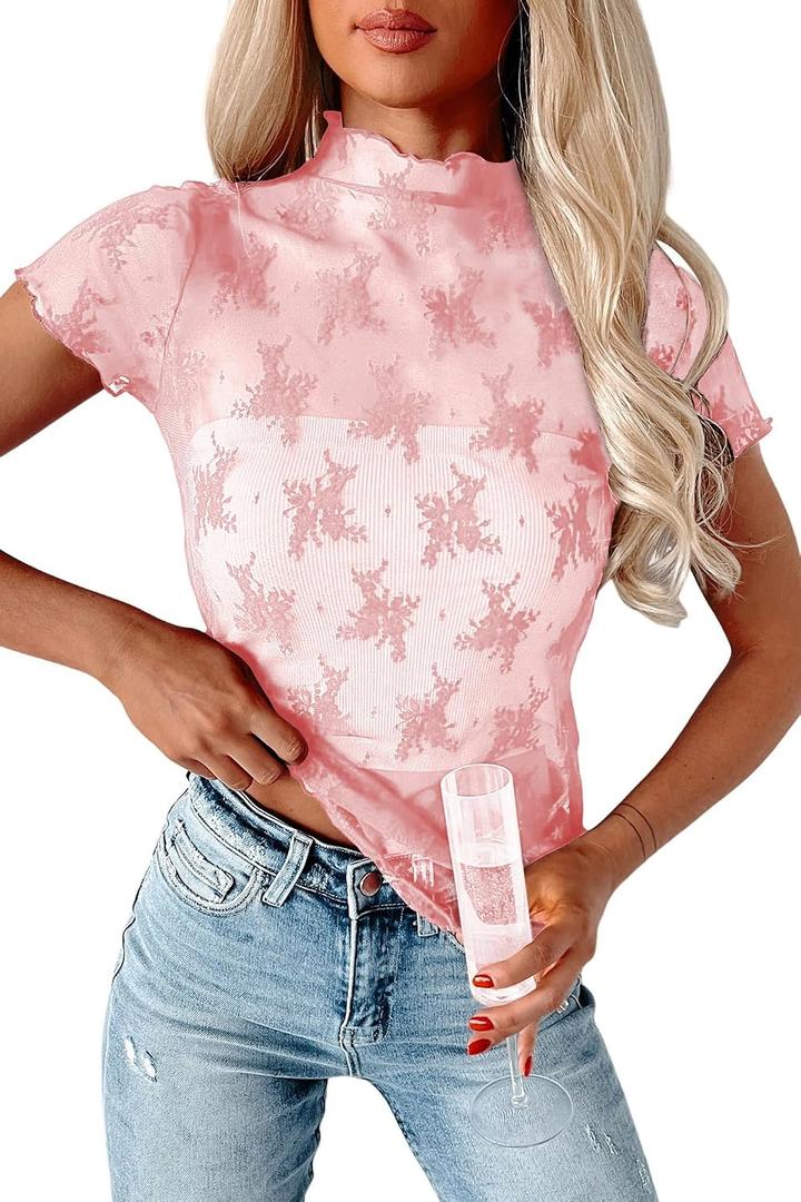 Women's Floral Sheer Mesh Lace Tops Mock Neck Short Sleeve Shirt Sexy See Through Top Y2k Blouses (XXL)
