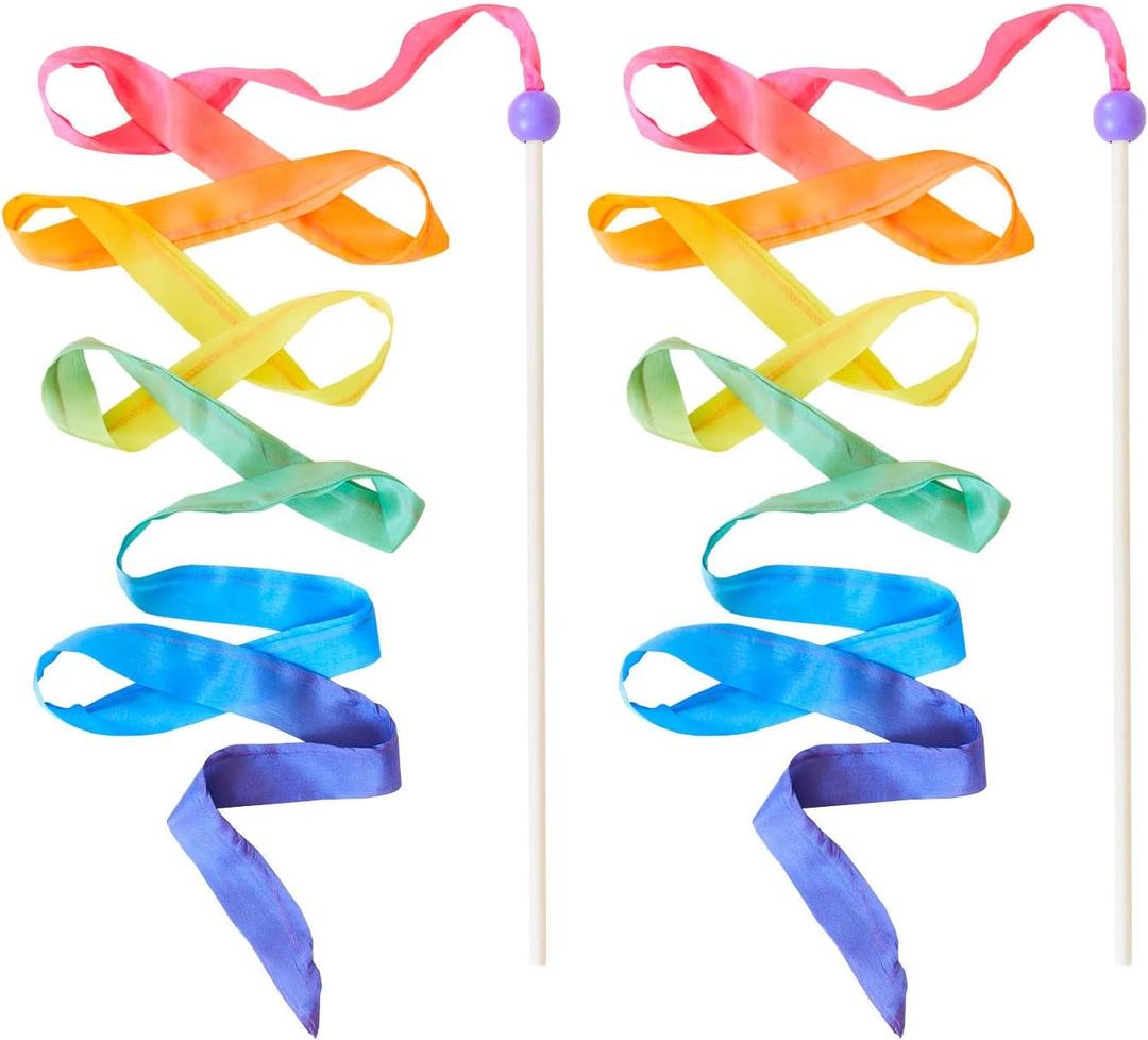Sarah's Silks Rainbow Streamer - 8' Long Ribbon Wand for Kids, Pretend Play, Dance, Baton Stick Twirling, and Gymnastics Party Favors | 100% Silk and Wood Montessori and Waldorf Toys