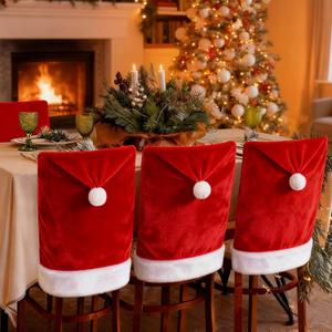 VADOO 2 PCS Christmas Chair Covers, Santa Claus Hat Slipcover Xmas Chair Back Cover for Christmas Holiday Dinning Room Decoration (2pcs+2pcs Silverware Holder)