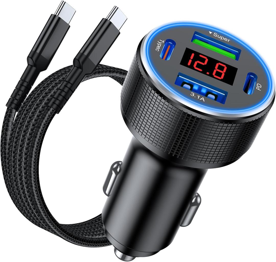 iPhone 17 Car Charger USB C Fast Charge Cable, 78W 4 Port Metal Car Phone Charger Adapter with Voltmeter PD 30W & QC3.0 Cigarette Lighter USB Adapter for iPhone 17/16/15, Galaxy, iPad, Android