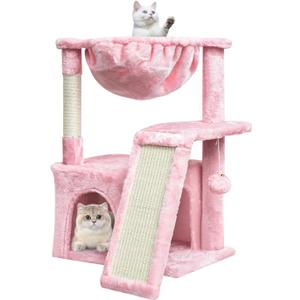 SYANDLVY Cat Tree for Indoor Cats Large Adults, Modern Activity Tower with Scratching Posts & Board, Condo with Plush Perch, Climbing Stand with Cradle & Hanging Ball for Play, Pink