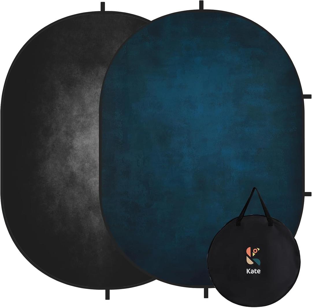 Kate 5x6.5ft(1.5x2m) Collapsible Backdrop Black Blue Texture Pop up Backgrounds Reversible Photography Backgrounds for Video Meetings