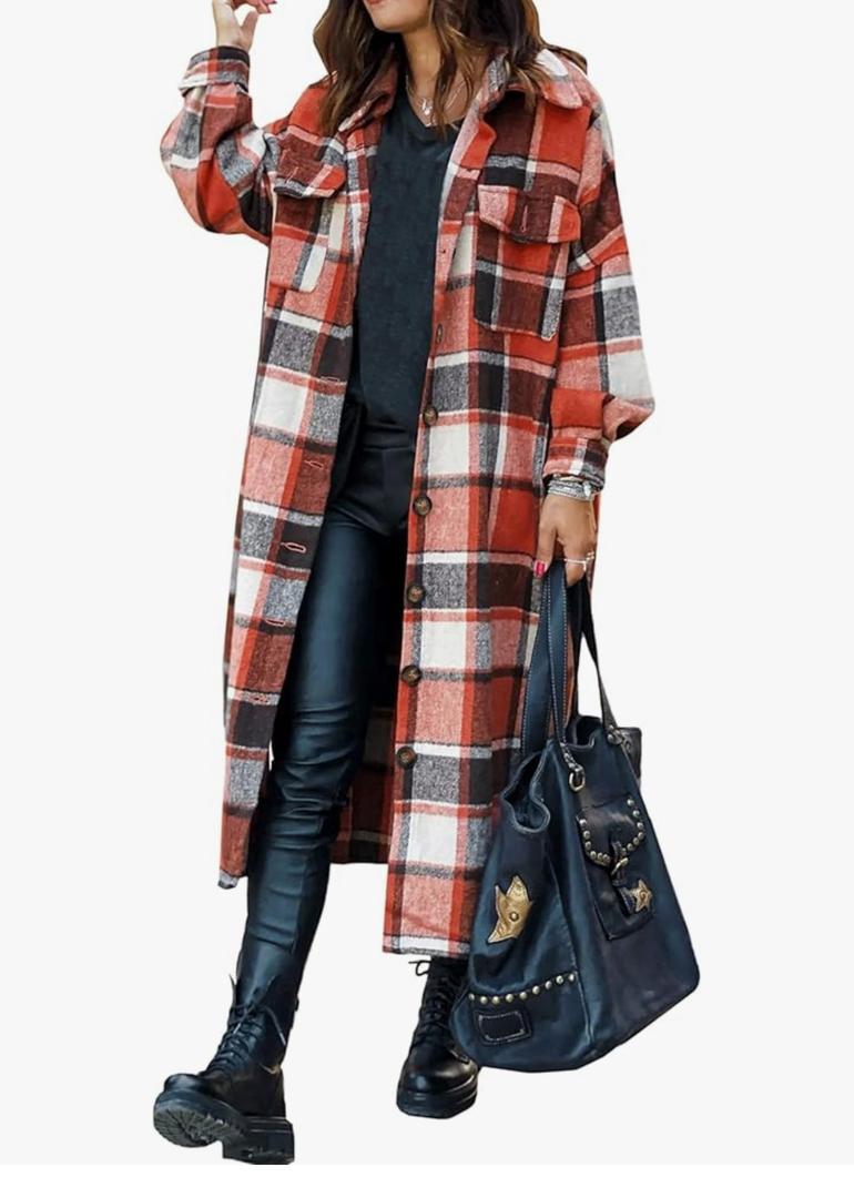SKIKYAN Women Fall Flannel Plaid Shacket Jacket Oversized Button Down Long Shirt Jacket, Medium