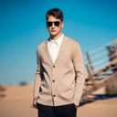 ZVX Men's Solid Color Knitted Cardigan Sweater Fall and Winter Large V-Neck Top, Lapel Versatile Casual Cardigan Sweater Light Khaki XX-Large