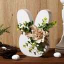 Treory Easter Decorations for the Home: Rustic Antique Wooden Bunny Happy Easter Table Centerpiece Signs, Farmhouse White Rabbit with Flowers Wood Bunny Easter Decorations for Table, Cute Easter Gifts