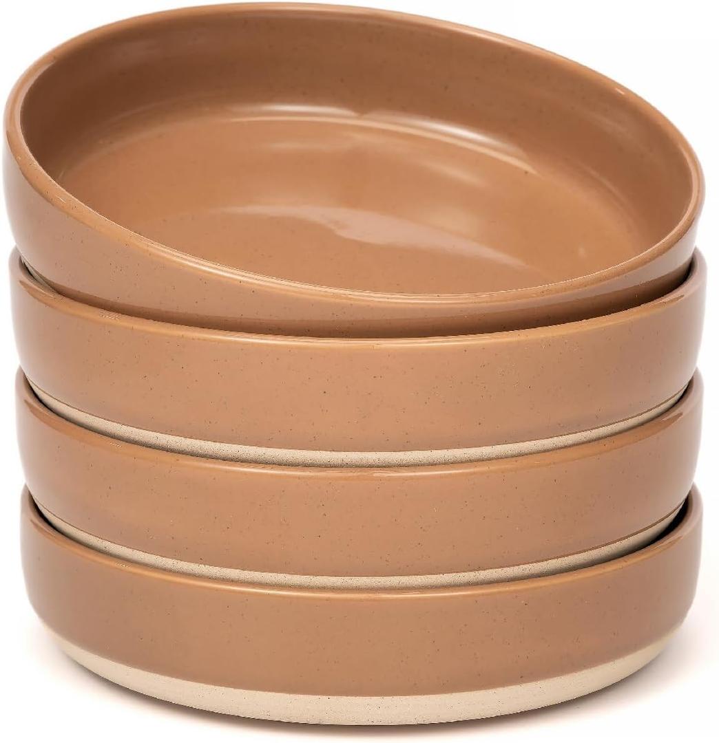 OTAGO 8" Stoneware Salad and Pasta Bowls Set of 4 with Partially Unglazed Base, Scratch Resistant Ceramic Dish Set, Microwave & Dishwasher Safe，Brown, 4 Pieces