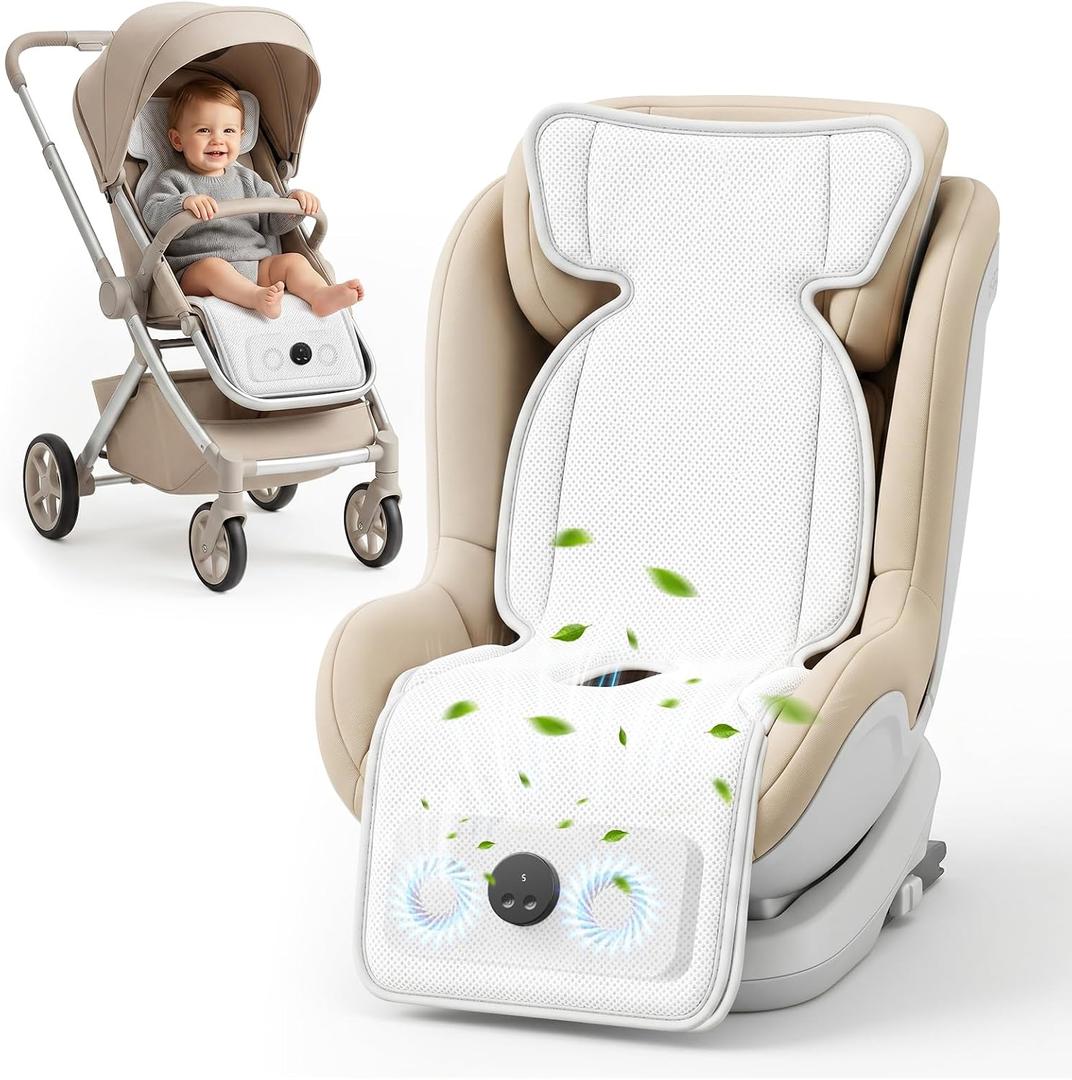 Stroller Cooling Pad with Fan for Baby, 10000mA Rechargeable Battery Baby Car Seat Cooling System for Backseat, Max 10H Ventilation 3 Speeds Cooling Mat Liner for Toddler Boys Summer Essentials