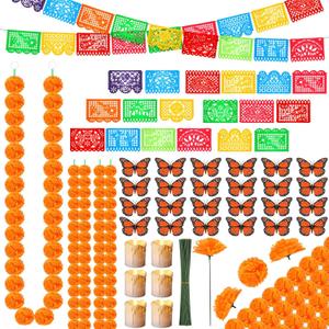 Zeyune 236 Pcs Day of the Dead Decoration Set 100 Artificial Marigold with Stem 4 Calendula Garland 24 Magnetic Butterfly 6 Votive Candle 2 Mexico Party Banner for Halloween(Orange)