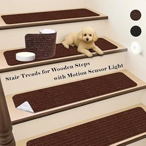 Stair Treads for Wooden Steps Indoor 15 Pack 8x30in, NUXSA with 5 Motion Sensor Lights, Reusable Peel & Stick Carpet Stair Treads Non Slip, Polyester TPR Backing Anti Slip Stair Carpet Runners, Brown