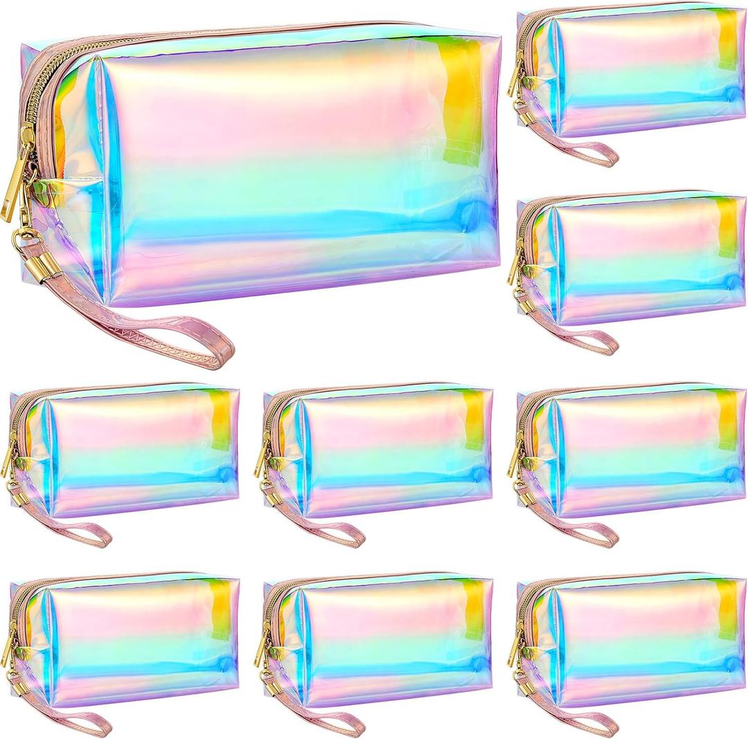 Dunzy 8 Pcs Holographic Iridescent Clear Makeup Bags with Zipper Travel Cosmetic Pouches with Wrist Loop Waterproof Toiletry Organizer Case Home Office Beach Pouch Purse Diaper Vacation Gift Bag(L)