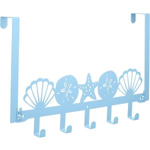 AceOrbit Blue Beach Over The Door Hooks Seashells and Starfish Wall Mount Bathroom Towel Hanger Decorative Nautical Coastal Door Holder Rack with 5 Hooks Hanging for Coat Keys Bags Home Room Decor