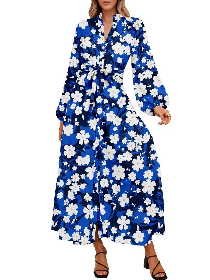 Lazysmile Maxi Dresses for Women Long Sleeve Shirt Dress with Pockets (Blue, S)