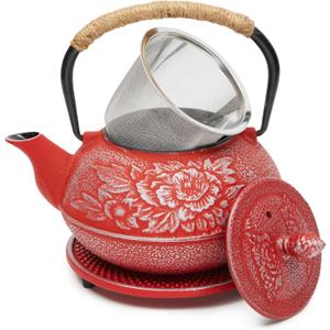 Juvale Japanese Cast Iron Teapot with Infuser - Red, 27 oz (800 ml), 3-Pc Teapot Set - Stovetop Kettle for Loose Leaf Brewing - Removable Stainless Steel Infuser & Trivet Included