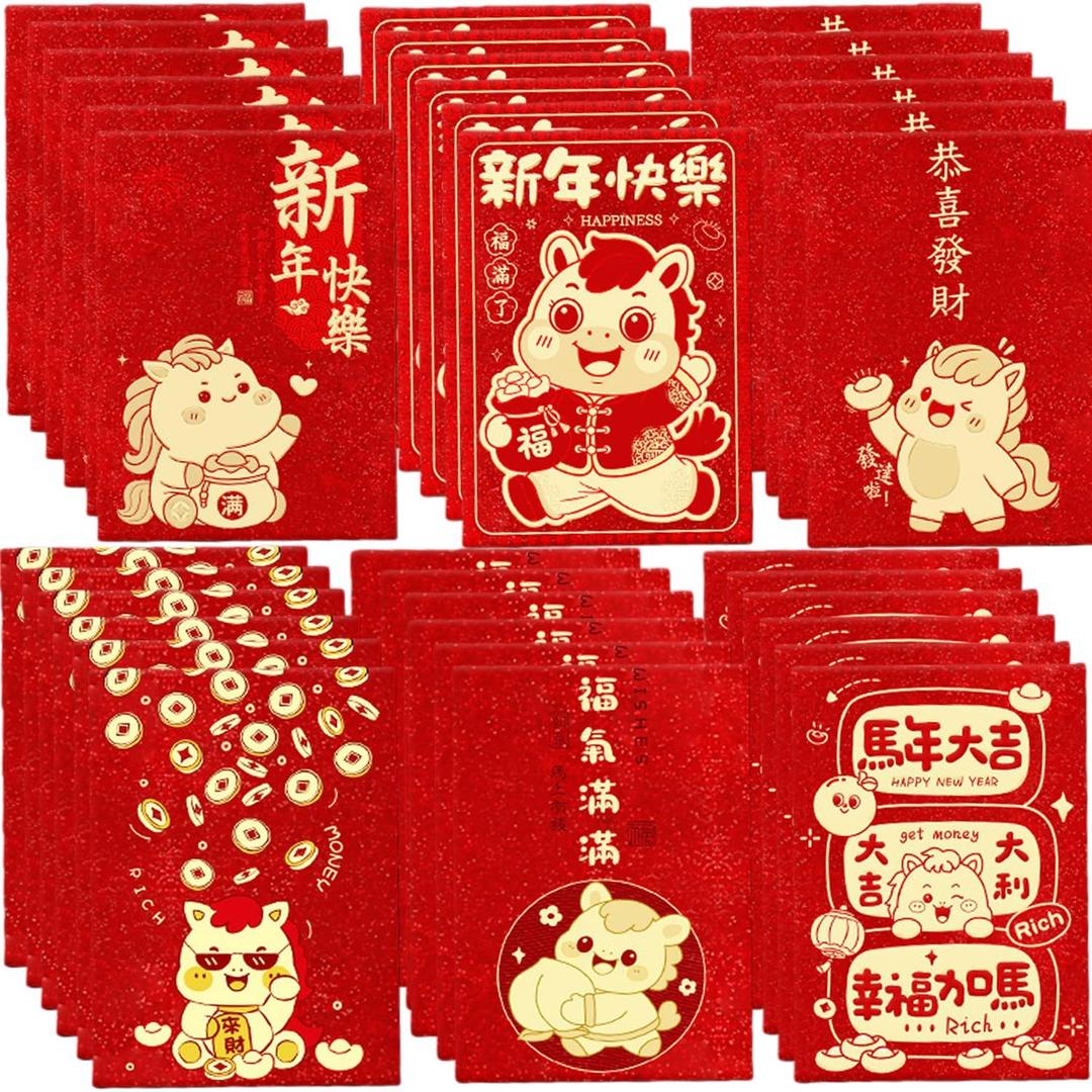 36Pcs Chinese New Year Red Envelopes - 2026 Year of the Horse Red Packet With 50 Brass Chinese Feng Shui I Ching Coin | Large Hong Bao | Spring Chinese Lucky Money Pockets - Lunar New Year Gifts