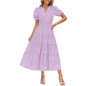 ZESICA Womens 2025 Summer Puff Short Sleeve Midi Dress Floral V Neck Textured Ruffle Flowy Beach Party Dresses (Medium, Purple)