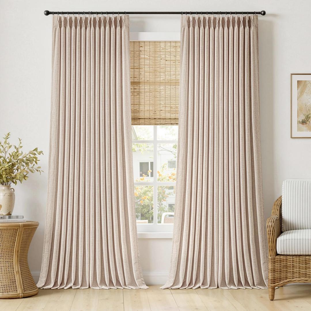 MIULEE Pinch Pleated Thick Linen Curtains 108 Inches Length 2 Panels for Living Room Bedroom, Extra Long Memory Trained Pinch Pleat Drapes Light Filtering Sand Beige Foor to Ceiling Curtains