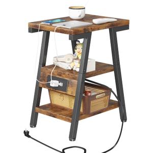 SIde Table with Charging Station, Small End Tables with Lucky 7 Metal Shape, 3-Tier Nightstand with Outlets and USB Ports, Adjustable Leveling Feet, Side Table for Living Room, Bedroom (Rustic Brown)