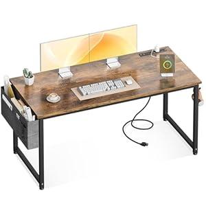 ODK Computer Desk - 55 Inch Office Writing Desk for Home, Student Study Desk with Storage Bag, Headphone Hook & Power Outlets, Modern Simple Table for Bedroom, Vintage
