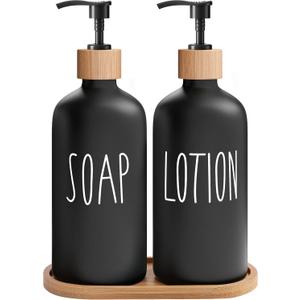 MOMEEMO Black Soap Dispenser Bathroom Set, Hand Soap and Lotion Set Suitable for Bathroom Decor. (Black) (Sl Black & Tray)