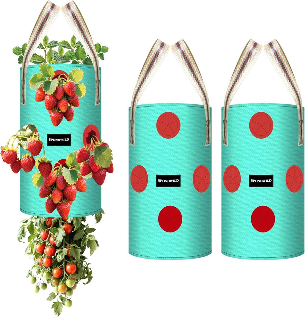 3 Pack 3 Gallon Hanging Strawberry Planter Bags, 12 Holes PE Grow Bags with Bottom Drainage, Reusable Vertical Planters for Small Space Gardening(Green)