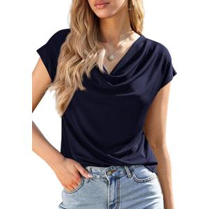 PRETTYGARDEN Womens Tops Dressy Casual Clothing 2026 Summer Cowl Neck Short Sleeve Blouses Spring Business Work Office Shirts (X-Large, Navy Blue)