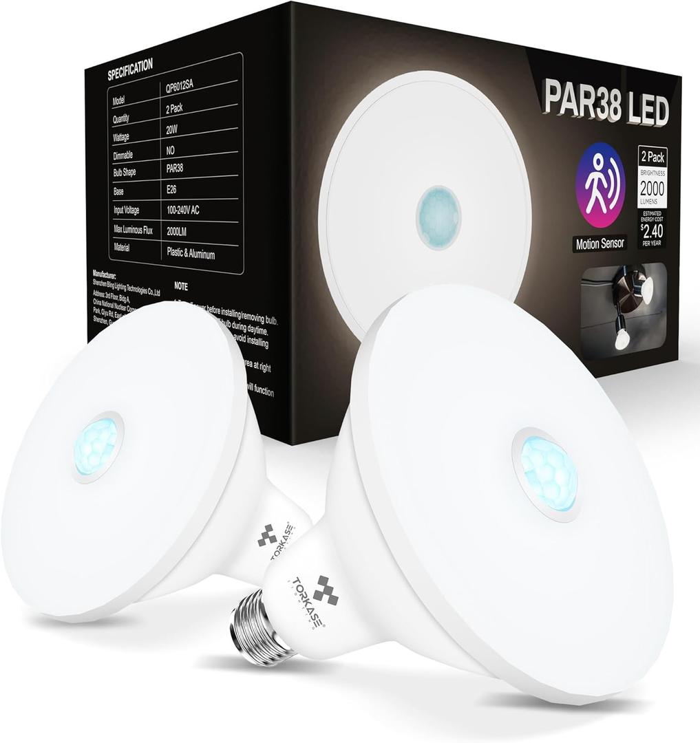 Torkase PAR38 Motion Sensor Security Flood Light Bulbs, Motion Activated Outdoor Lighting, 200 Watt Equivalent (20W) 2000LM, 5000K Daylight, LED Flood Light for Backyard, Garage, Porch, Garden, Pack of 3 