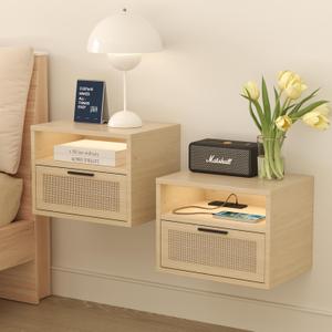 iyrany Floating nightstand Set of 2 with USB Ports, outlets, and led Light Strip  Modern Wall-Mounted nightstands with Oak and Rattan Design