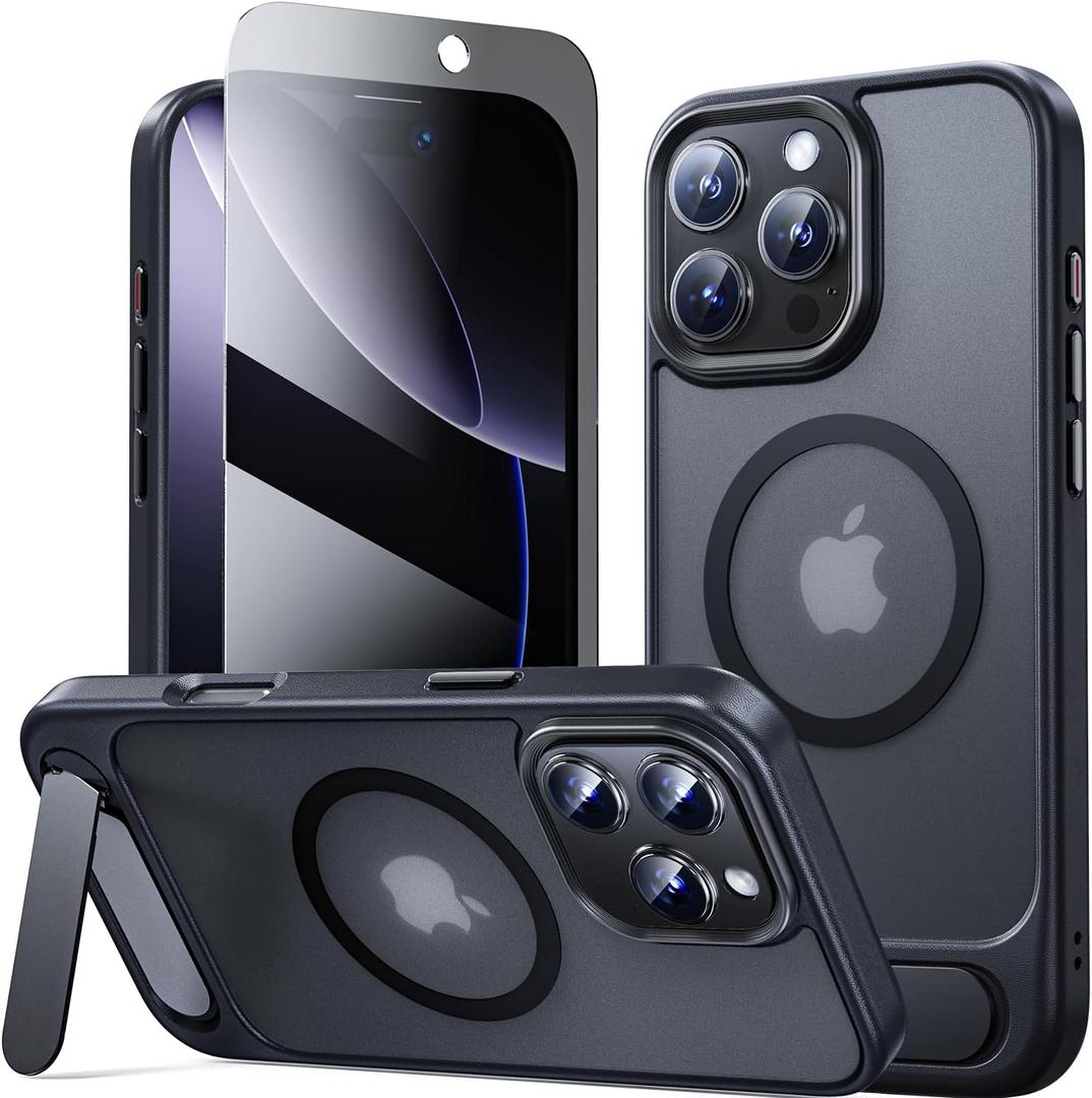 JJL Magnetic for iPhone 16 Pro Max Case, [Built-in Invisible Kickstand] [Compatible with MagSafe] Slim Translucent Matte Phone Cover, Black