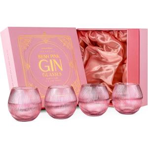 GLASSIQUE CADEAU Vintage Blush Pink Art Deco Gin and Tonic Glasses with Gold Rims | Set of 4 | 13.5 oz Stemless Crystal Balloons for Drinking Gin Cocktails | Retro Gift Goblets for Gin Lovers