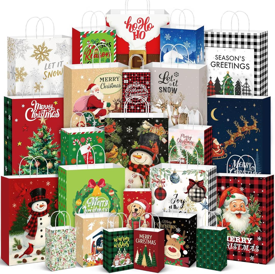 ALOVYY 24 Christmas Gift Paper Bags Bulk with Handles Wrapping Xmas Holiday Presents Christmas Party Favors (6 Jumbo,6 Large,6 Medium,6 Small)