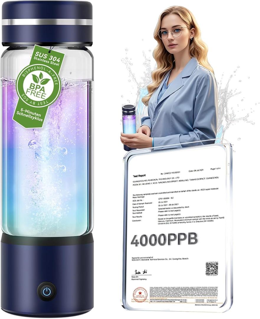 4.0 Upgrade Hydrogen Water Bottle & Double Hydrogen Content NO.1-24-Hour Hydrogen LockCertification-4000PPB Hydrogen Water Bottle Generator - 2025 SPE PEM Technique, Applicable to Various Water (Blue)