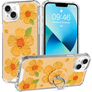 KANGHAR Flowers Phone Case for iPhone 13 Case with Ring Holder Stand for Women Girls, Cute Retro Oil Painting Printed Colorful Floral Pattern Protective Cover with Kickstand, Yellow & Orange