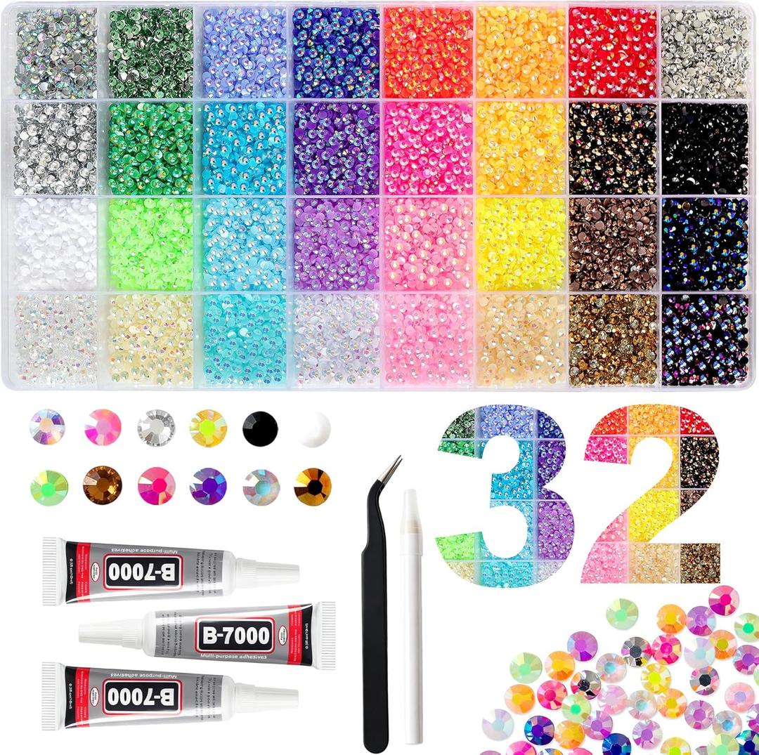 38000Pcs 32 Colors Jelly Rhinestones for Bedazzling, 3mm Resin Flatback Gems for Diamond Art, Bedazzler Kit with 3Pcs B7000 Jewelry Glue for Crafting Bedazzled Book Shoes Nail