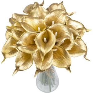 20Pcs Fake Calla Lily Flowers Real Touch Latex Artificial Calla Lilies Flowers for Home Wedding Bouquet Baby Shower Centerpieces Party Decor (Gold)