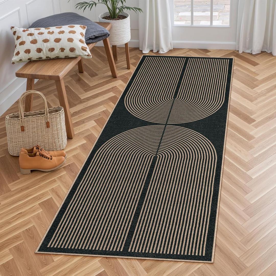 Lahome Modern Rainbow Hallway Runner Rug, 2x6 Washable Easy Jute Rugs for Entryway Kitchen Farmhouse Indoor Outdoor Carpet, Non Slip Runner for Porch Bedroom Laundry Front Door (Dark Grey/Charcoal Black)