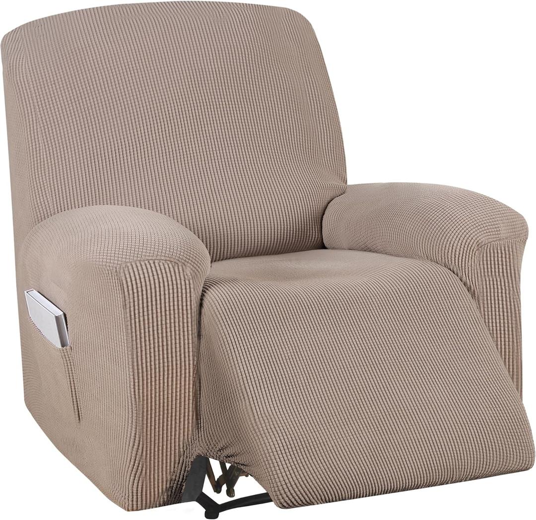 Turquoize Stretch Recliner Cover Recliner Chair Cover Recliner Slipcover 1-Piece Sofa Cover with Side Pocket Jacquard Sofa Furniture Cover/Protector Soft with Elastic Bottom, Machine Washable, Sand (Khaki)