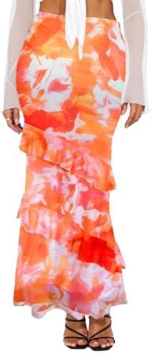 SEBOWEL Women Floral Mesh Long Skirt Tiered Sheer See Through Skirt Bohemian Boho High Waist Bodycon Mesh Ruffle Maxi Skirt L