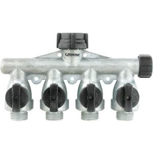 Gilmour Heavy Duty 4 Way Garden Hose Splitter, Quad Water Hose Splitter with Shut Off Valve, Metal Water Manifold, Aluminum
