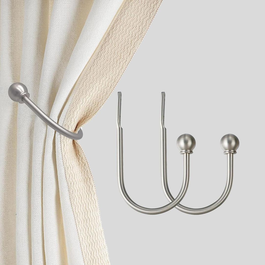 Curtain Holdbacks Hooks Solid Steel Hooks Decorative French Ball End Curtain Drapery Tiebacks Heavy Duty, 2 PCs, Nickel Brushed