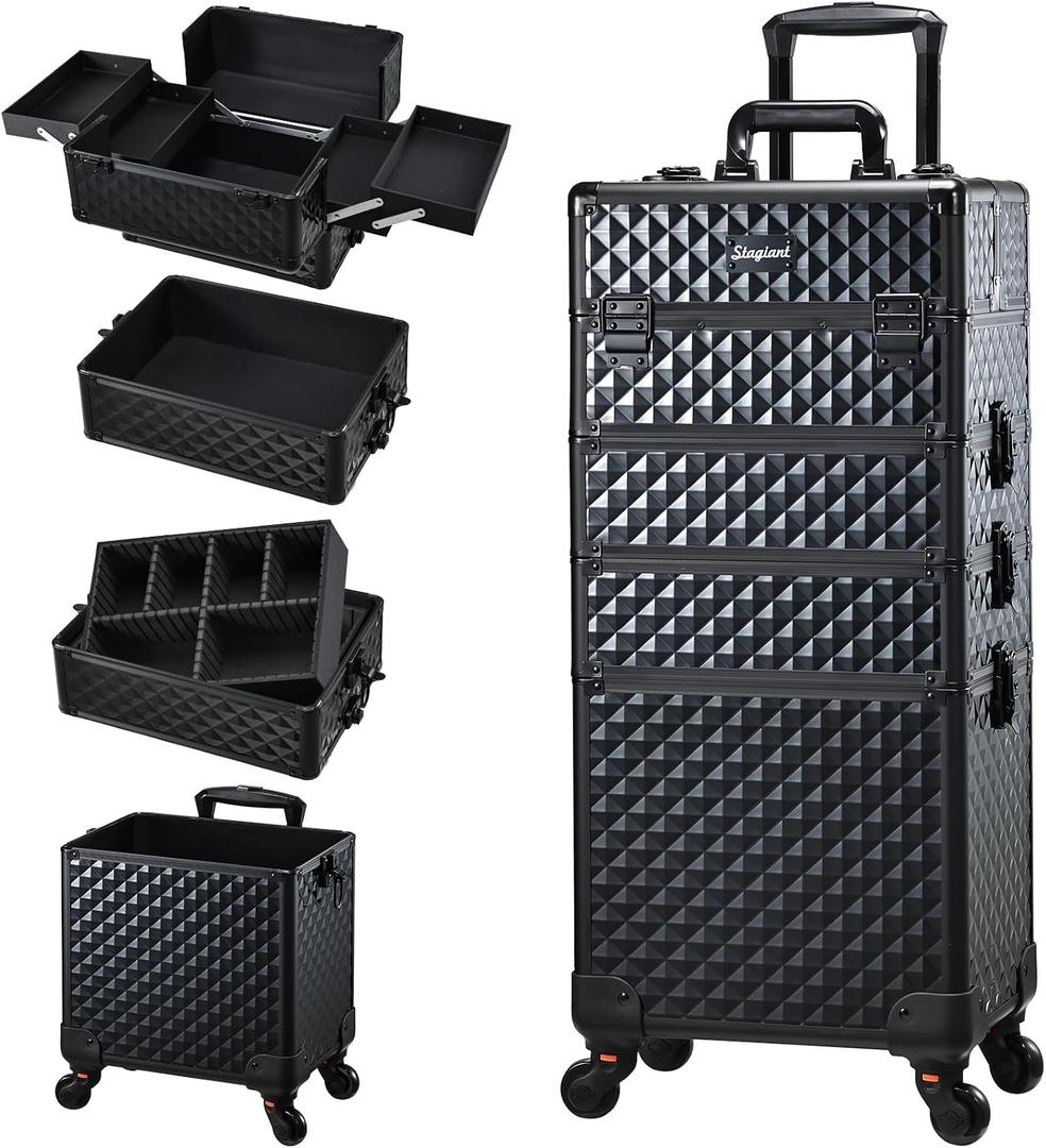 Stagaint Rolling Makeup Case 4 IN 1 Cosmetology Case on Wheels Salon Case Makeup Organizer Box with Wheels Cosmetic Travel Case Nail Tech Storage Traveling Trunk Box All-Black Diamond 13.4"L x 9.7"W x 30.5"H