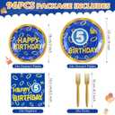 96 Pcs Cartoon Blue With Gold Ring 5th Birthday Party Supplies Gold Ring Birthday Party Plates Disposable Cartoon Theme Paper Tableware Set for 5 Years Old, Serves 24