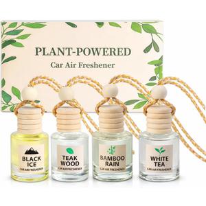 Plant-Powered Car Air Freshener 4-Pack, Essential Oil Hanging Car Diffuser for Rearview Mirror, Long Lasting Odor Eliminator, Aesthetic Auto Decor Accessories (Teakwood, Bamboo, White Tea)