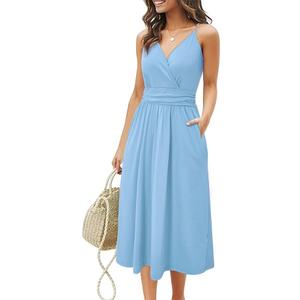OUGES Women's Summer Spaghetti Strap V-Neck Floral Short Party Dress with Pockets, XL