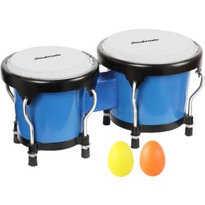 Soulmate Bongo Drum 4'' and 5'' Set for Adults Beginners, Tunable Natural Skin Bongos Percussion Instruments With Tuning Wrench (Blue)