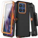 KECAI for Motorola Moto G Stylus 2025 Case with Belt Clip Holster,2X Screen Protector, Heavy Duty Shockproof Drop Protection Military Grade Rugged Full Body Phone Cover with Kickstand (Black Orange)