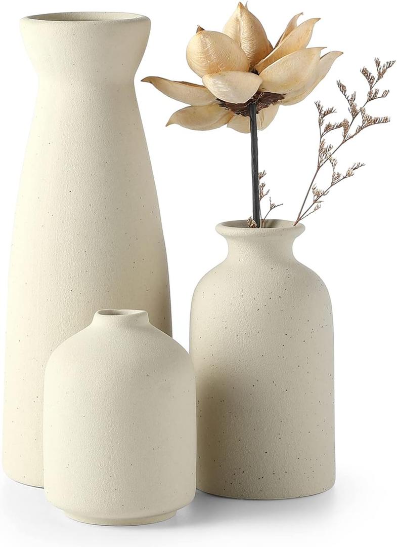 CEMABT Beige Ceramic vase Set-3 Small Flower vases for Decor,Modern Boho Farmhouse Home Decor,Decorative vase for Pampas Grass&Dried Flowers,idea Shelf,Table,Bookshelf Entryway- Distressed